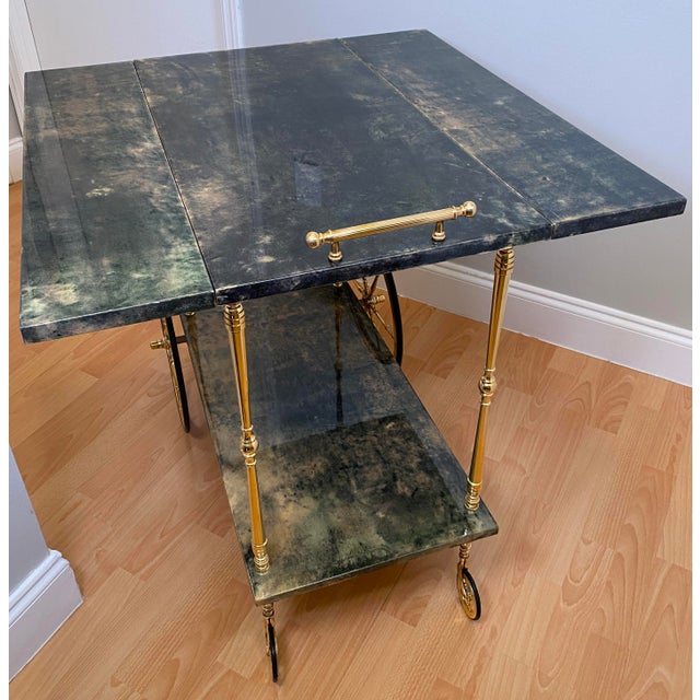 Aldo Tura Green Lacquered Goatskin Bar Cart, Brass Two-Tier Folding Drinks Trolley, Italy 1960s For Sale In Miami - Image 6 of 17