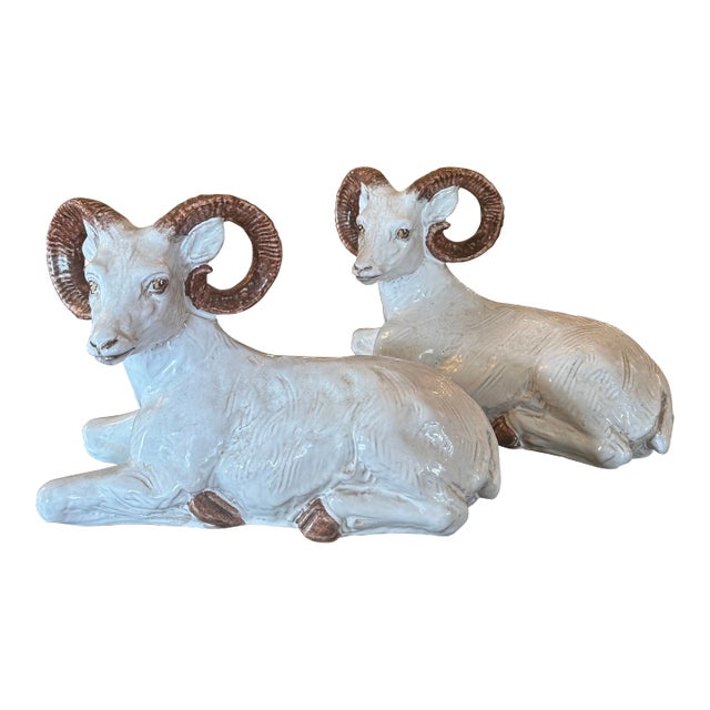 Mid 20th Century Italian Glazed Terra Cotta Rams- a Pair For Sale