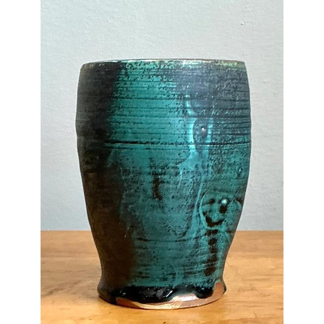 Ceramic Vintage Blue Green Glazed Pottery Vase For Sale - Image 7 of 12