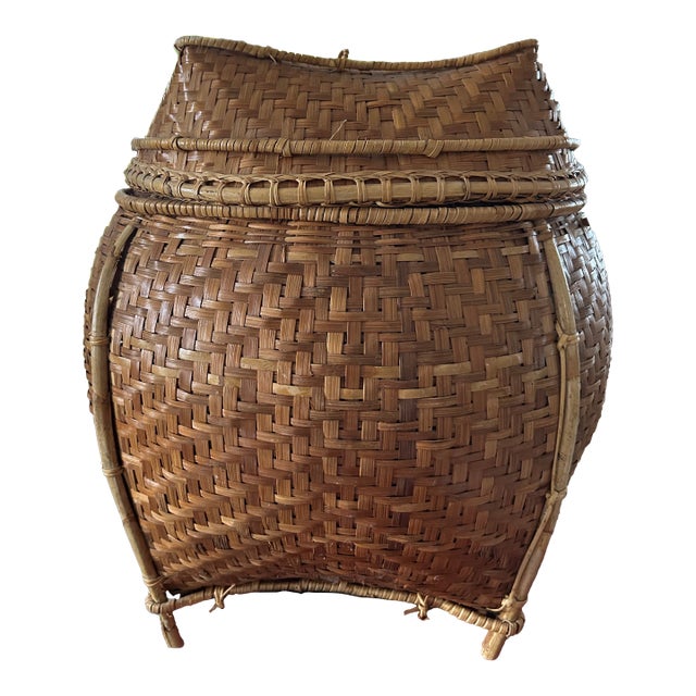 Vintage Handcrafted Southeast Asian Woven Basket With Fitted Lid – 15" Sculptural Rattan Storage Vessel. For Sale