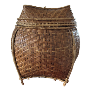 Vintage Handcrafted Southeast Asian Woven Basket With Fitted Lid – 15" Sculptural Rattan Storage Vessel.