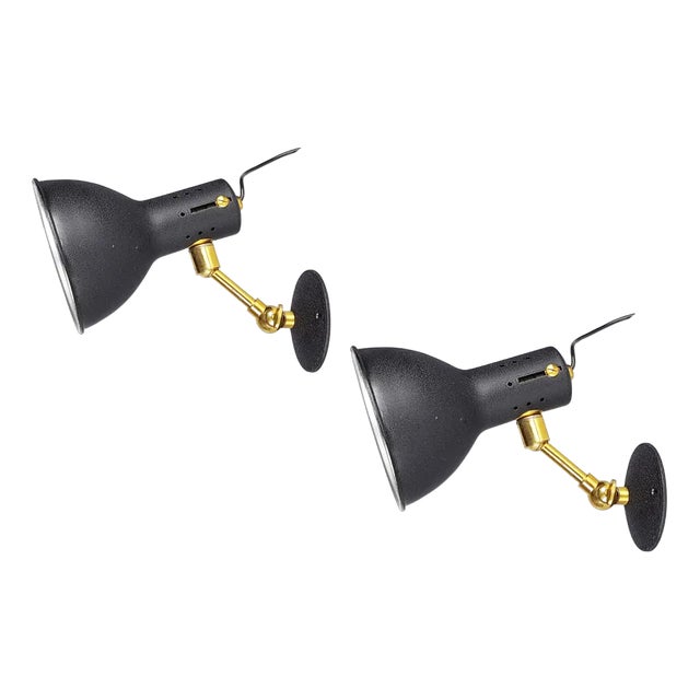 Mid-Century Adjustable Wall Lamps in Black Painted Aluminum and Brass, 1950s, Set of 2 For Sale