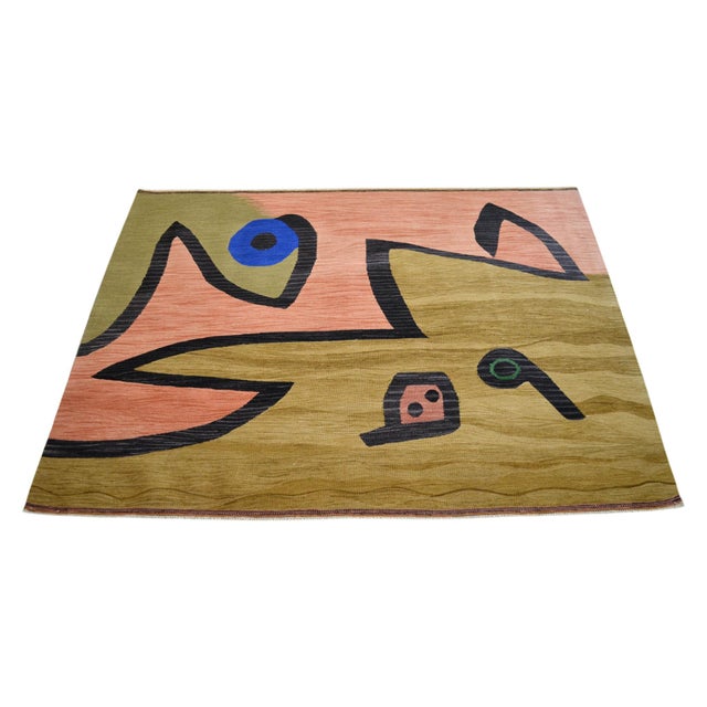 Salmon Paul Klee Silence of the Angel Inspired Rug Hand Woven Kilim Rug - 3′10″ × 5′3″ For Sale - Image 8 of 18