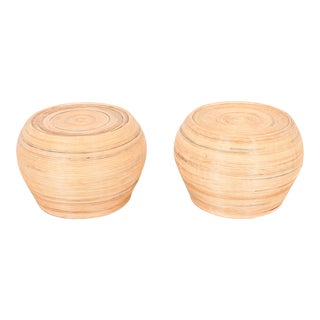 Gabriella Crespi Style Organic Modern Split Reed Rattan Round Side Tables, Pair For Sale