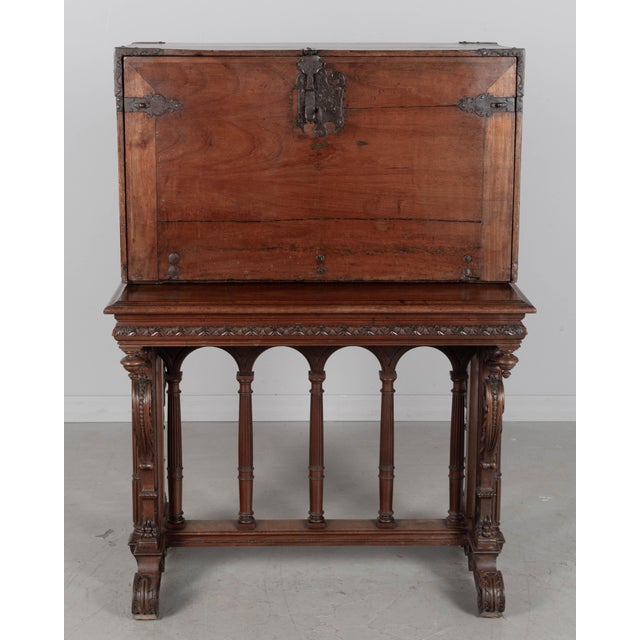 Wood 19th Century Spanish Vargueno Desk, Hand-Carved Walnut For Sale - Image 7 of 12