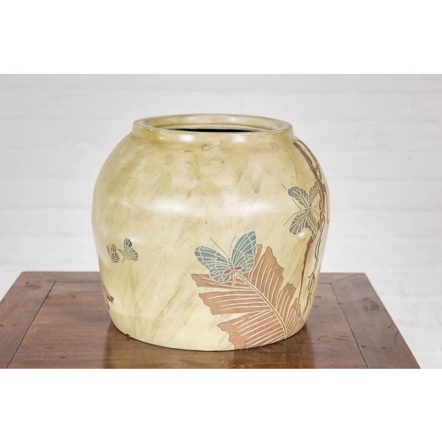 Japanese Antique Mustard Glaze Ceramic Planter with Incised Butterfly Decor For Sale - Image 4 of 12
