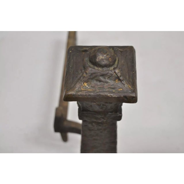 Early 20th Century Antique Gothic Arts & Crafts Renaissance Cast Metal Fireplace Andirons - a Pair For Sale - Image 5 of 10