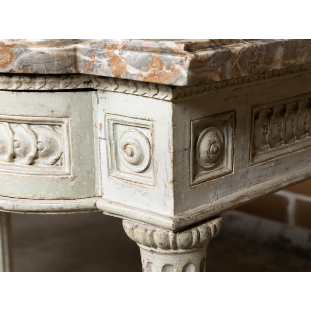 French Pair of French Louis XVI 18th Century Painted Console Tables with Marble Tops For Sale - Image 3 of 12