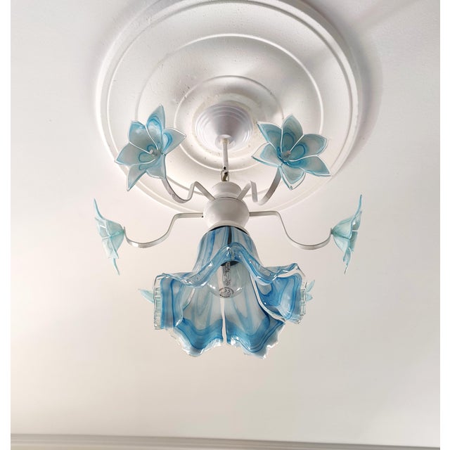 Glass Vintage Murano Style Glass Chandelier, 1980s Blue Floral Lamp, Small Italian Ceiling Light For Sale - Image 7 of 13