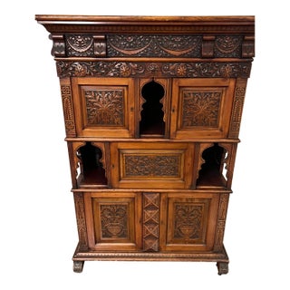 Mid 19th Century Aesthetic Movement Walnut Cabinet Moorish Style, Carved Panels For Sale