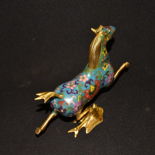 Turquoise Late 19th Century Cloisonné Enamel Galloping Horse Statue on Swallow Base For Sale - Image 8 of 9