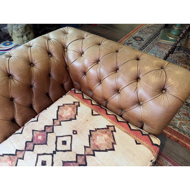 Pair of Vintage Chesterfield Style Leather Sofas With Kilim Fabric Cushions For Sale - Image 14 of 15