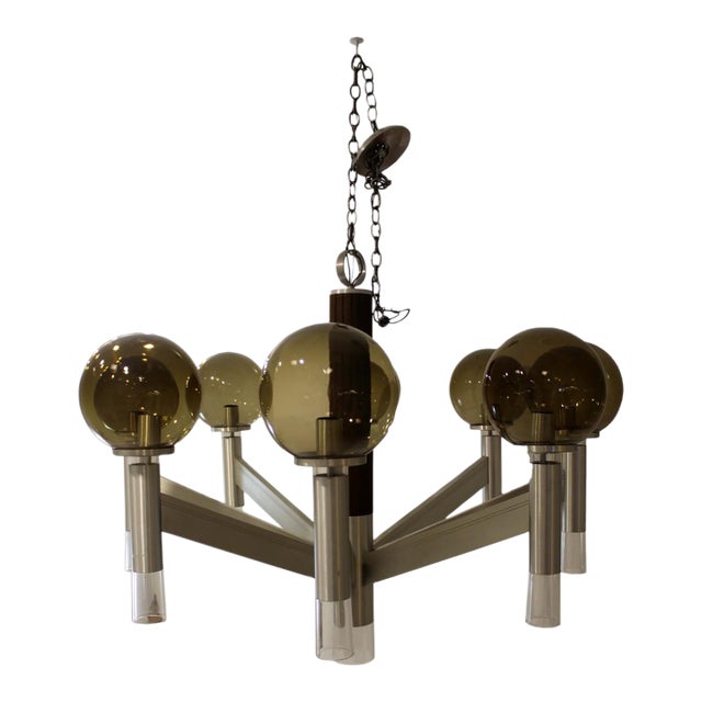 1970s Large Mid Century Modern Smoked Glass & Metal & Walnut Chandelier in Sonneman Style For Sale