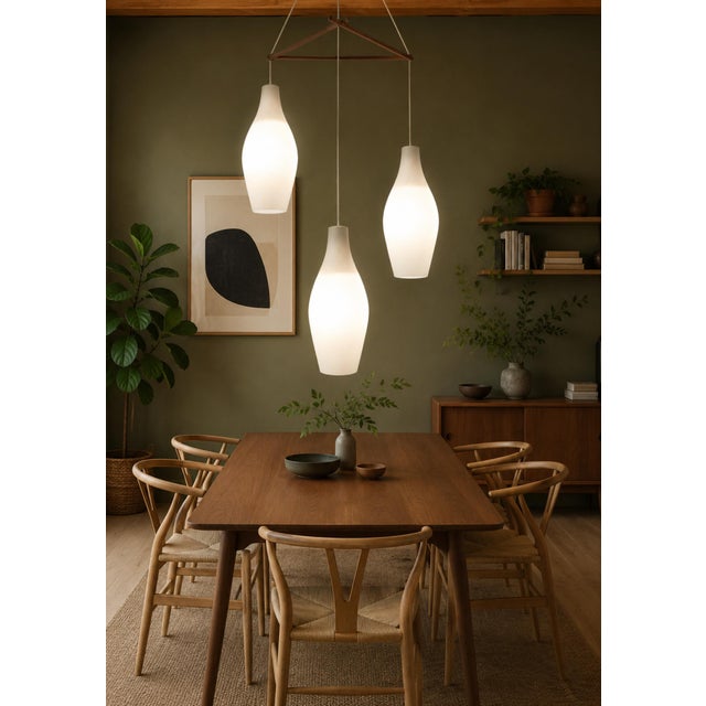 Mid-Century Scandinavian Three-Drop Cascade Opaline Cased Glass Bowling Pin Lights in Teak, 1960s For Sale - Image 4 of 15