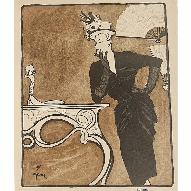 Mid-Century Modern 1945 Rare Find-Set of 2 Mid-Century French Fashion Prints-Schiaparelli, Balenciaga-by Gruau For Sale - Image 3 of 7
