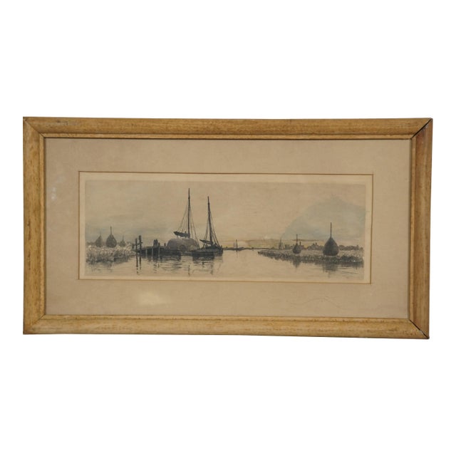 Antique Charles Frederick Mielatz Nautical Sailboats Dock Harbor Etching 19", Framed For Sale