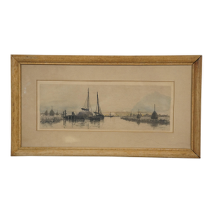 Antique Charles Frederick Mielatz Nautical Sailboats Dock Harbor Etching 19", Framed