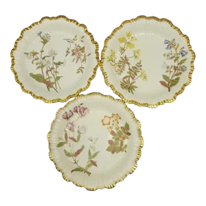 Antique Royal Worcester Porcelain Floral Plates With Gold Gilt - Set of 3
