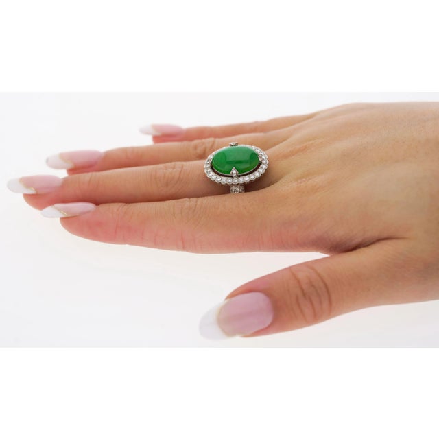Vintage 7.29 Carat Jadeite Jade "A" Ring With Round Diamond Halo & 18k Milgrain Size 6 For Sale - Image 9 of 9