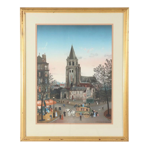 M. Delacroix Framed French Cafe Print Signed 20thC