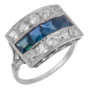 1930s Art Deco Diamond Sapphire Platinum Ring, Size 5