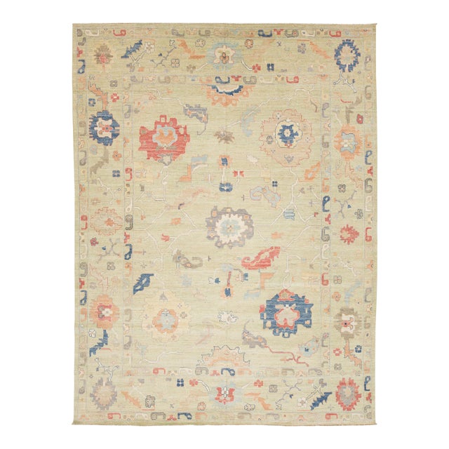 Modern Oushak Style Hand-Knotted Wool Area Rug – Sage Green & Multi 12x16 For Sale