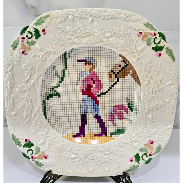 Farmhouse English Mason’s Ironstone Sampler Needlepoint Sporting Plates With Embossed Floral Borders, Set of 6, Circa 1930 For Sale - Image 3 of 18