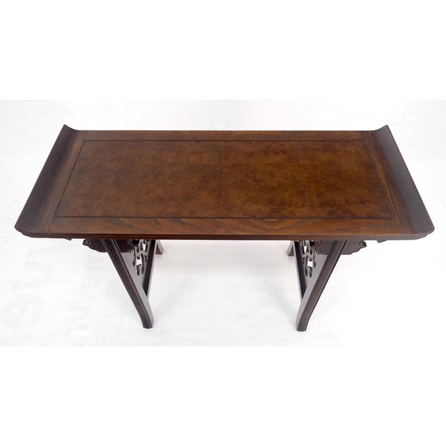 Baker Solid Walnut Pierced Carved Legs Rolled Edge Asian Console Sofa Table MINT For Sale - Image 9 of 15