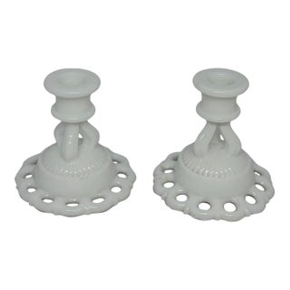 Mid-20th Century Westmoreland Milk Glass Doric Open Lace Candle Holders - A Pair For Sale