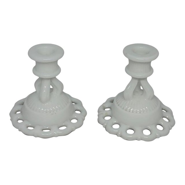 Mid-20th Century Westmoreland Milk Glass Doric Open Lace Candle Holders - A Pair For Sale