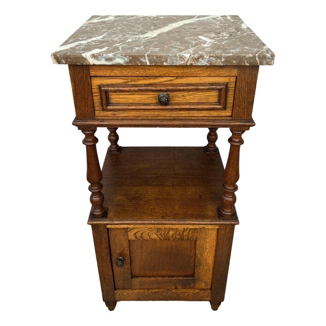 Antique French Oak Bedside Table with Marble Top For Sale