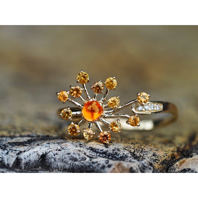 Modern Dandelion Flower Ring With Sapphires, Garnet, Diamonds in 14k Gold For Sale - Image 3 of 11