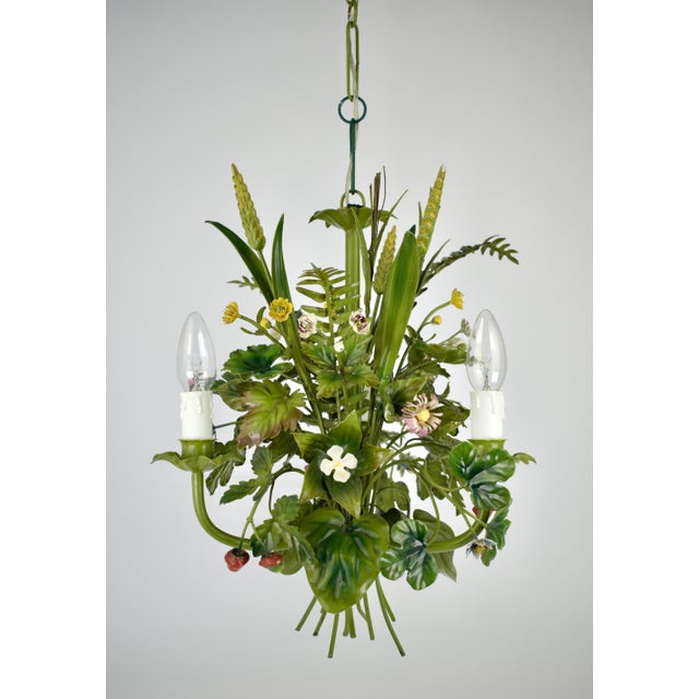 Vintage French Toleware Chandelier Flower Bouquet Green, 1960s For Sale - Image 9 of 12