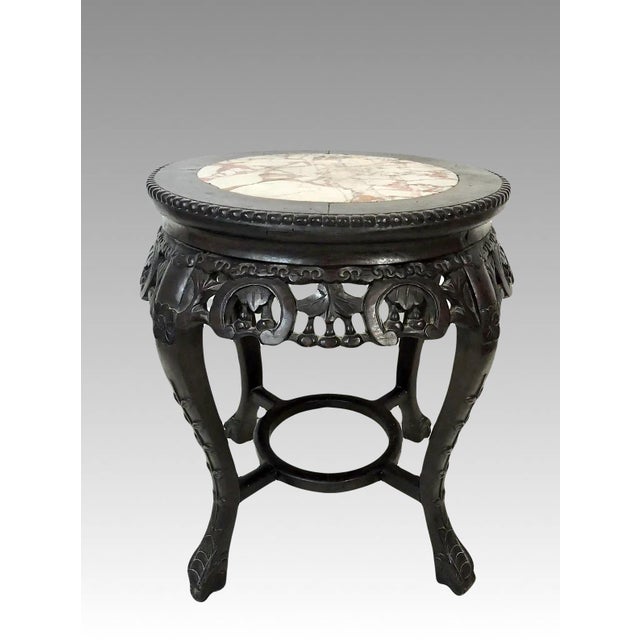 Antique Chinese Rosewood and Beige Marble Display Stand / Pedestal, Side Table, or Stool For Sale - Image 4 of 10