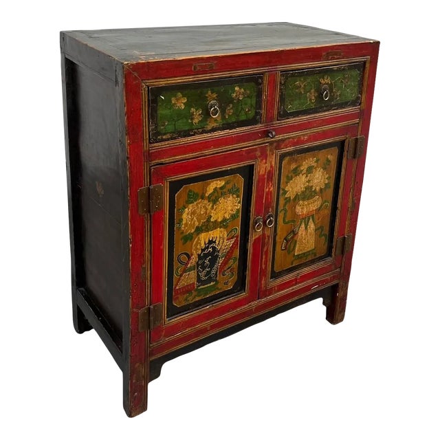 Chinese Painted Vintage Elm Hall Cabinet. For Sale