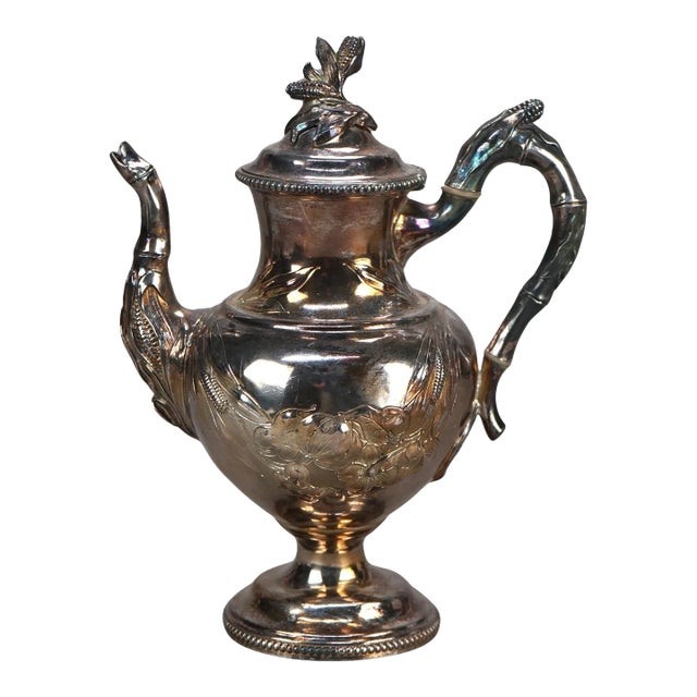 Antique Silver Plated Teapot with Foliate Engraving, Circa 1890 For Sale
