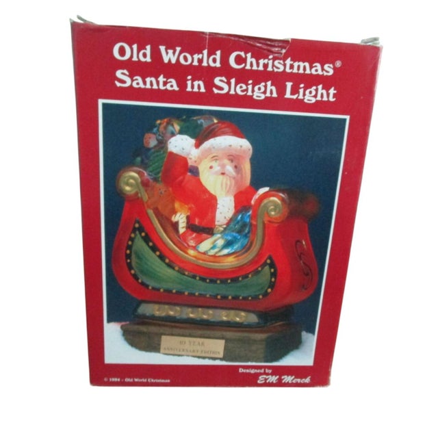 Shabby Chic 1990s Old World Christmas Santa in Sleigh Lamp 10th Anniversary Edition Hand Painted Retired For Sale - Image 3 of 12