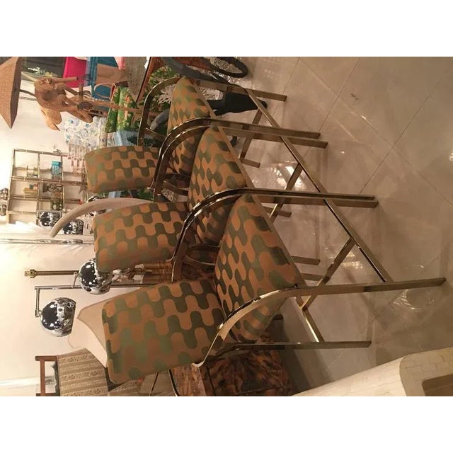 Vintage Hollywood Regency DIA Upholstered Brass Gold Arm Bar Stools - Set of 3 For Sale - Image 10 of 12