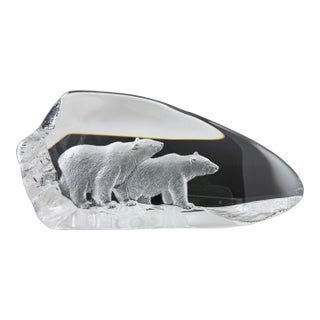 Large Mats Jonasson Etched Crystal of Two Bears Walking on Ice Signed and Numbered For Sale