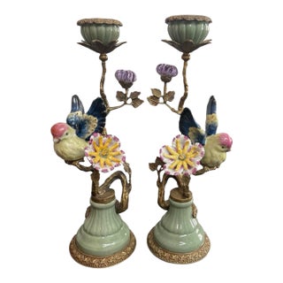 Pair of Vintage French-Style Porcelain and Ormolu Bird Candlesticks For Sale