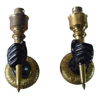Art Deco Brass Fist and Torch Wall Sconces, 1930s, Set of 2 For Sale