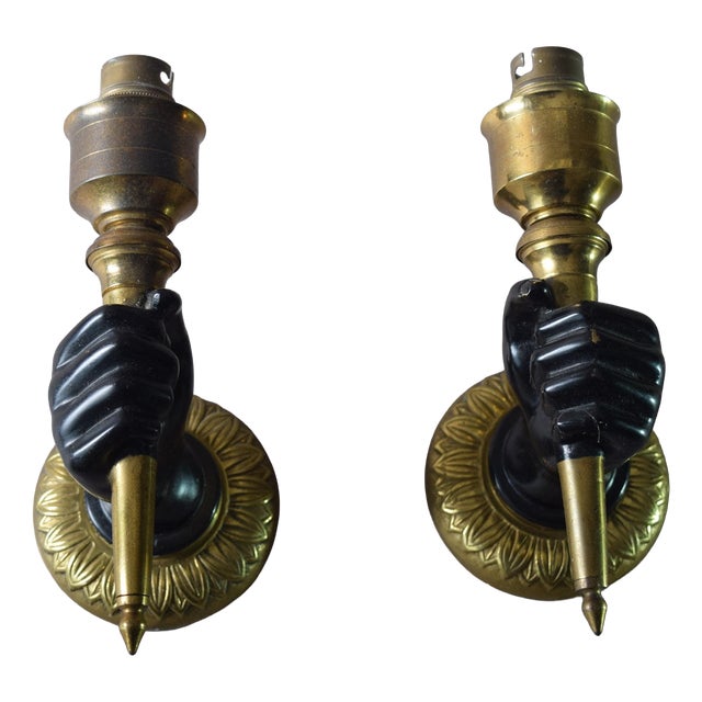 Art Deco Brass Fist and Torch Wall Sconces, 1930s, Set of 2 For Sale