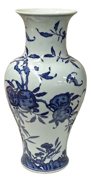 Vintage Chinese Blue White Fruits Flowers Graphic Porcelain Art Vase