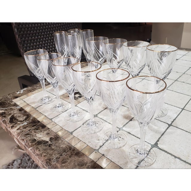 Set of Lenox Debut Gold-Rimmed Crystal Glasses - 14 Pieces - Water, Wine and Champagne For Sale - Image 12 of 13