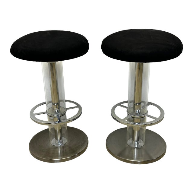 Design for Leisure Steel and Black Ultra Suede Swivel Bar Stools - a Pair For Sale