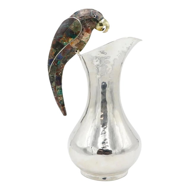 Big Size Mexican Silver Plated Malachite Pitcher by Los Castillo For Sale