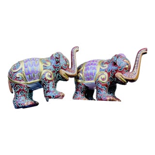 1980's Pair Decorative Ceramic Elephant Figurines in Burgundy, Pink & Gold Chinoiserie, Export Marks For Sale