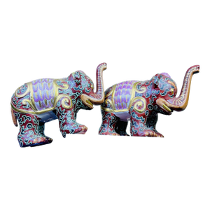 1980's Pair Decorative Ceramic Elephant Figurines in Burgundy, Pink & Gold Chinoiserie, Export Marks