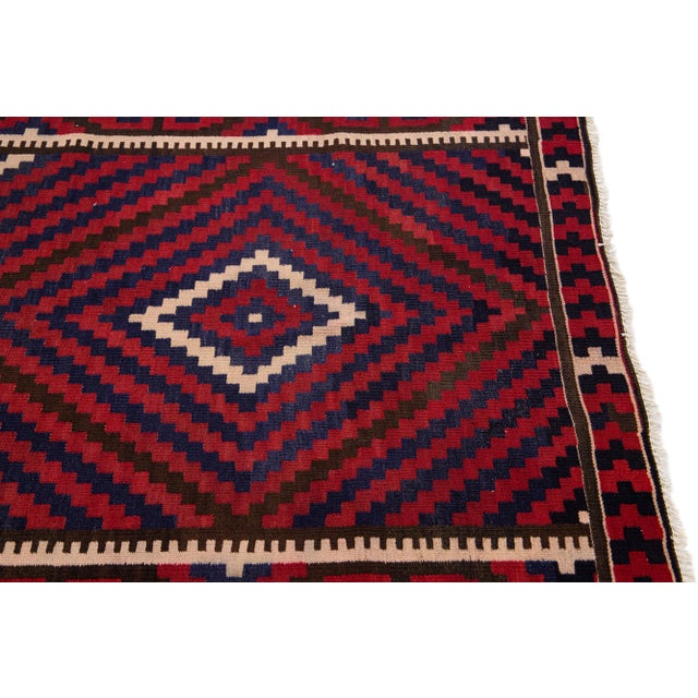 Mid-20th Century Turkish Kilim Red Handmade Geometric Wool Rug For Sale In New York - Image 6 of 10