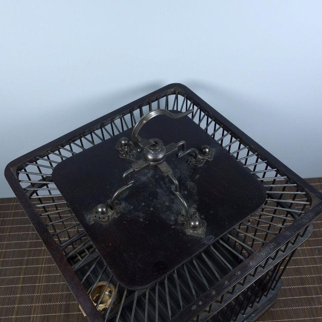 Wood Vintage Chinese Ebony Wood Bird Cage With Brass Inlay and Porcelain Feeders For Sale - Image 7 of 8